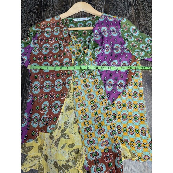 ZARA Zodiac Multicolor Printed Boho Blouse Shirt Bow Tie Sz XS Crystal Drops 143 - Picture 6 of 9